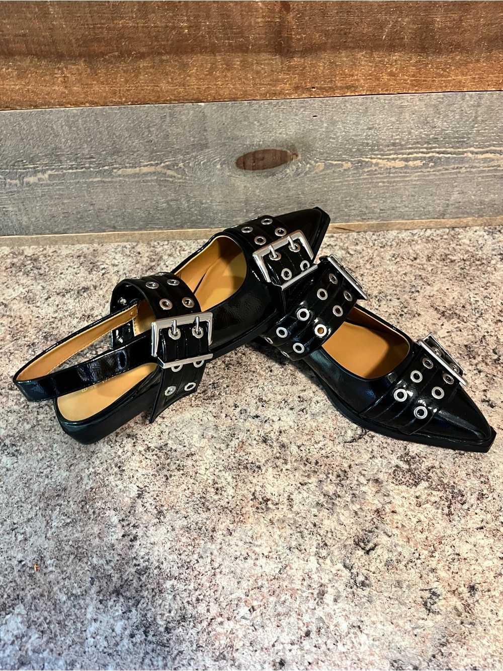 Dream Pairs Black Patent Pointed Slingback Flats with Buckle & Grommets